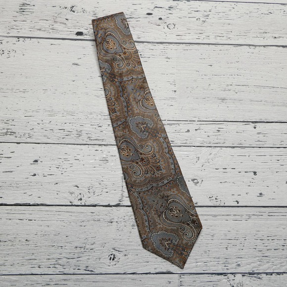 Mark Pendleton for Nordstrom Tie Mens One Size Gray Gold Paisley 100% Silk - Picture 1 of 6